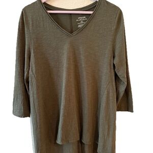 Chico's Olive Knit V-Neck 3/4 Sleeve Tunic Top, Cotton Modal, Size 1, Pullover